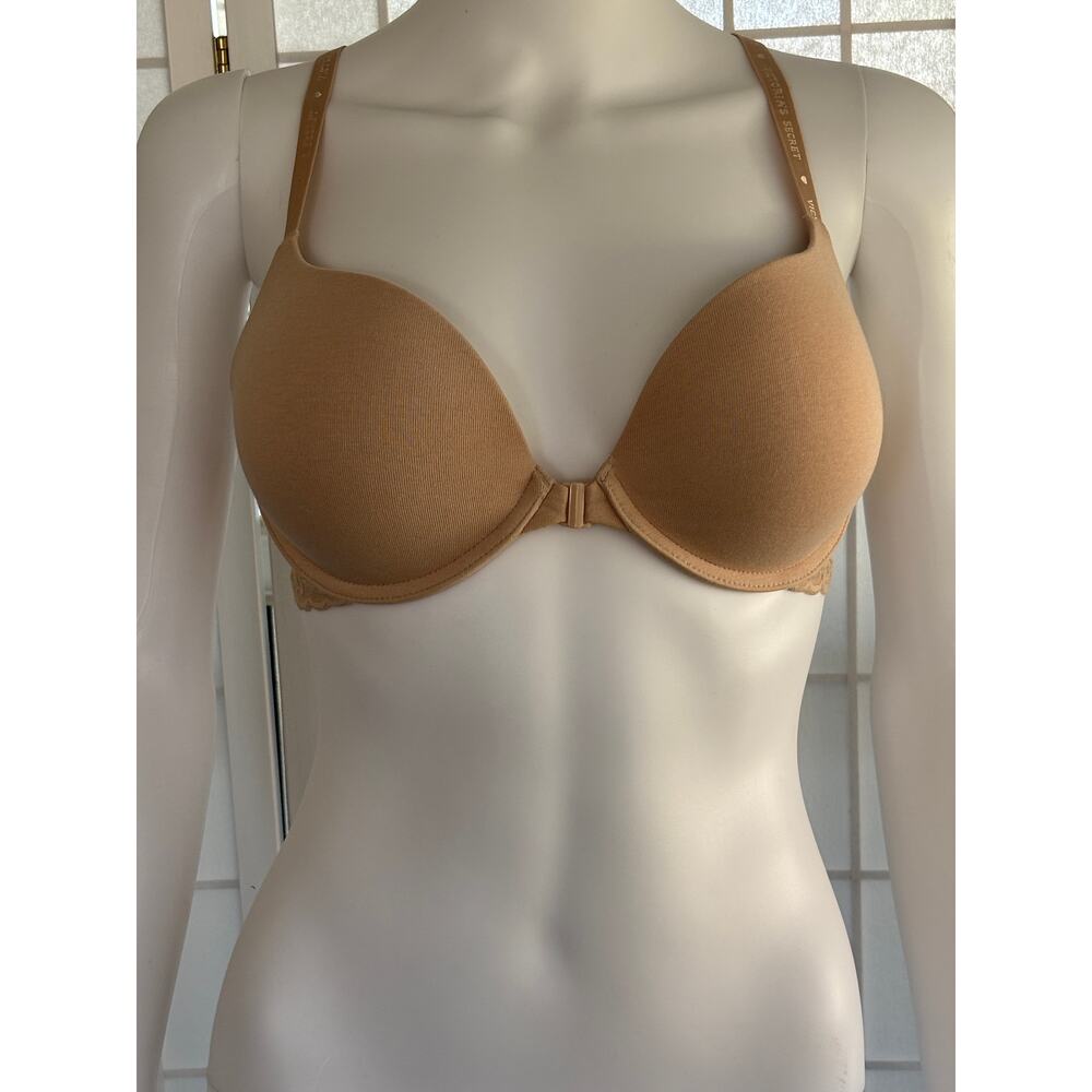 Victoria’s Secret 34D Front Close Push Up Bra Nude Beige Lace Racerback